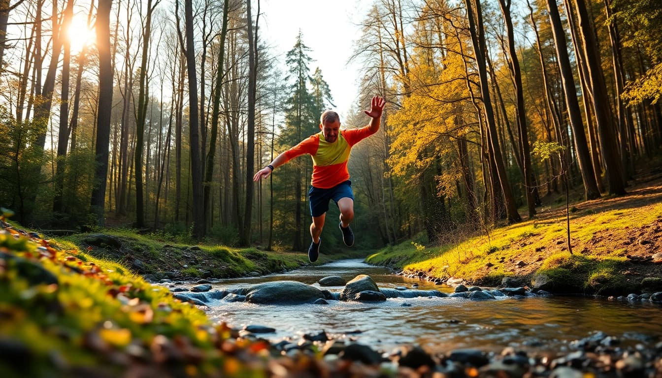 Aktiver Teilnehmer des Wetziker OL Challenge springt dynamisch über einen Bach im Wald.
