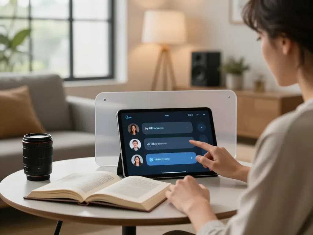 Close-up of a user engaging in sex AI chat with a sleek chatbot interface in a cozy setting.