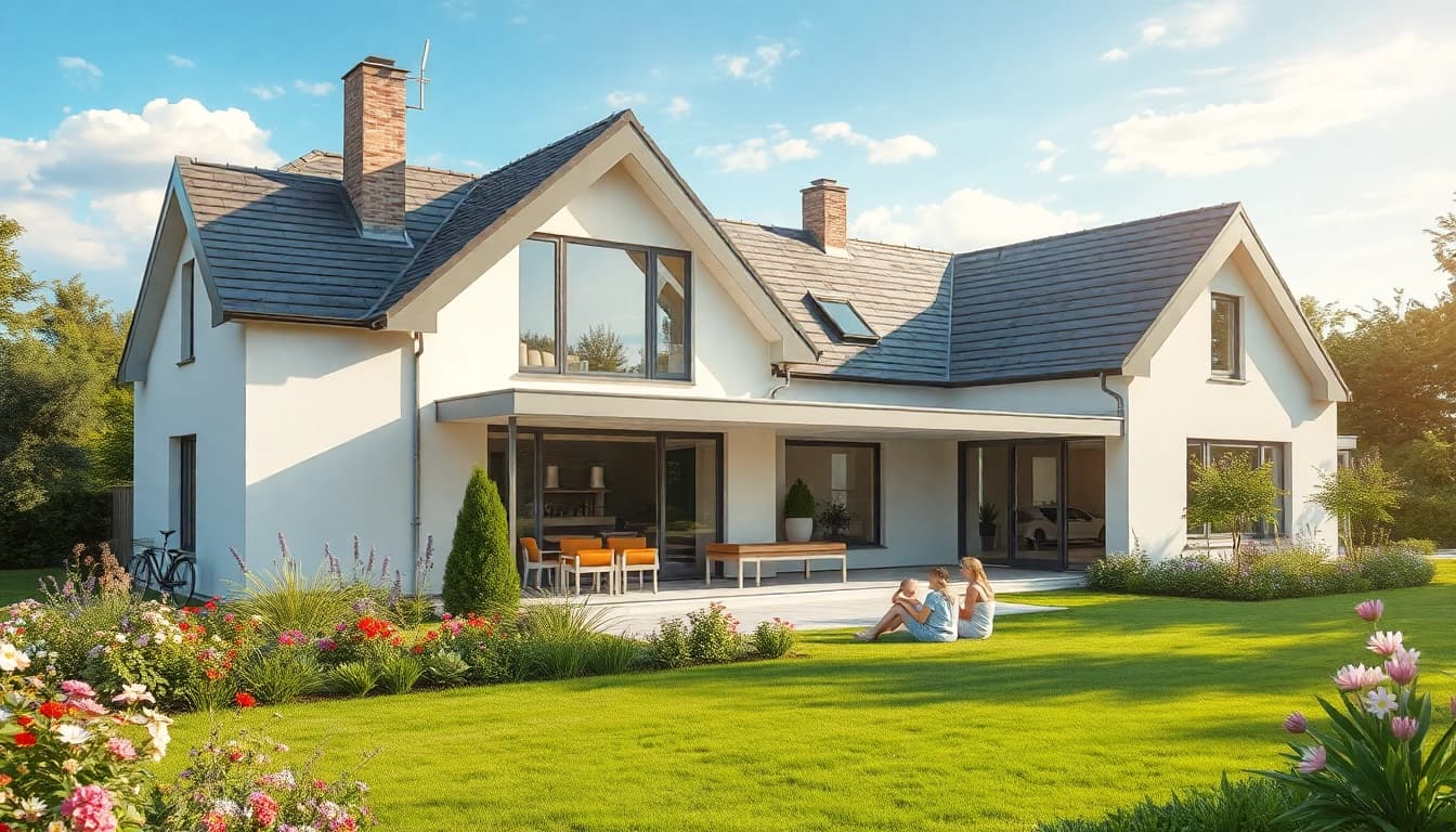 Traumhaftes modernes Haus mit einladendem Garten symbolisiert den Hauskauf.