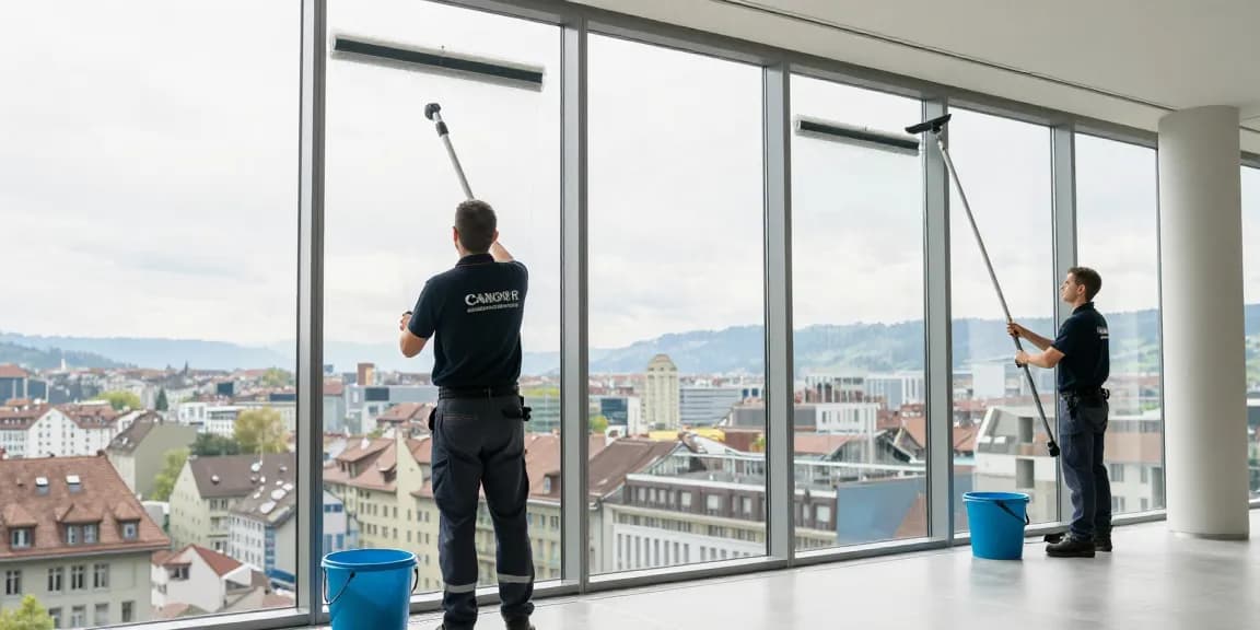 Spotless window cleaning in Bern showcasing professional team at work with sparkling glass surfaces.