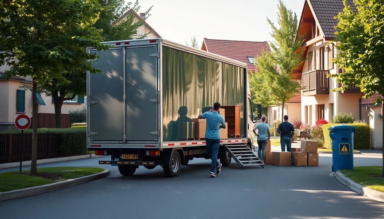 Umzugsunternehmen Bruchsal transportieren Möbel und Kartons während eines Umzugs.