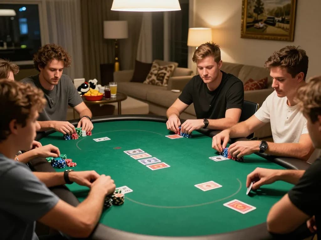 Beteiligte Spieler an einem Pokertisch, die strategisches Gameplay mit Immobilienmakler Frankfurt Ginnheim in einer gemütlichen Wohnumgebung demonstrieren.