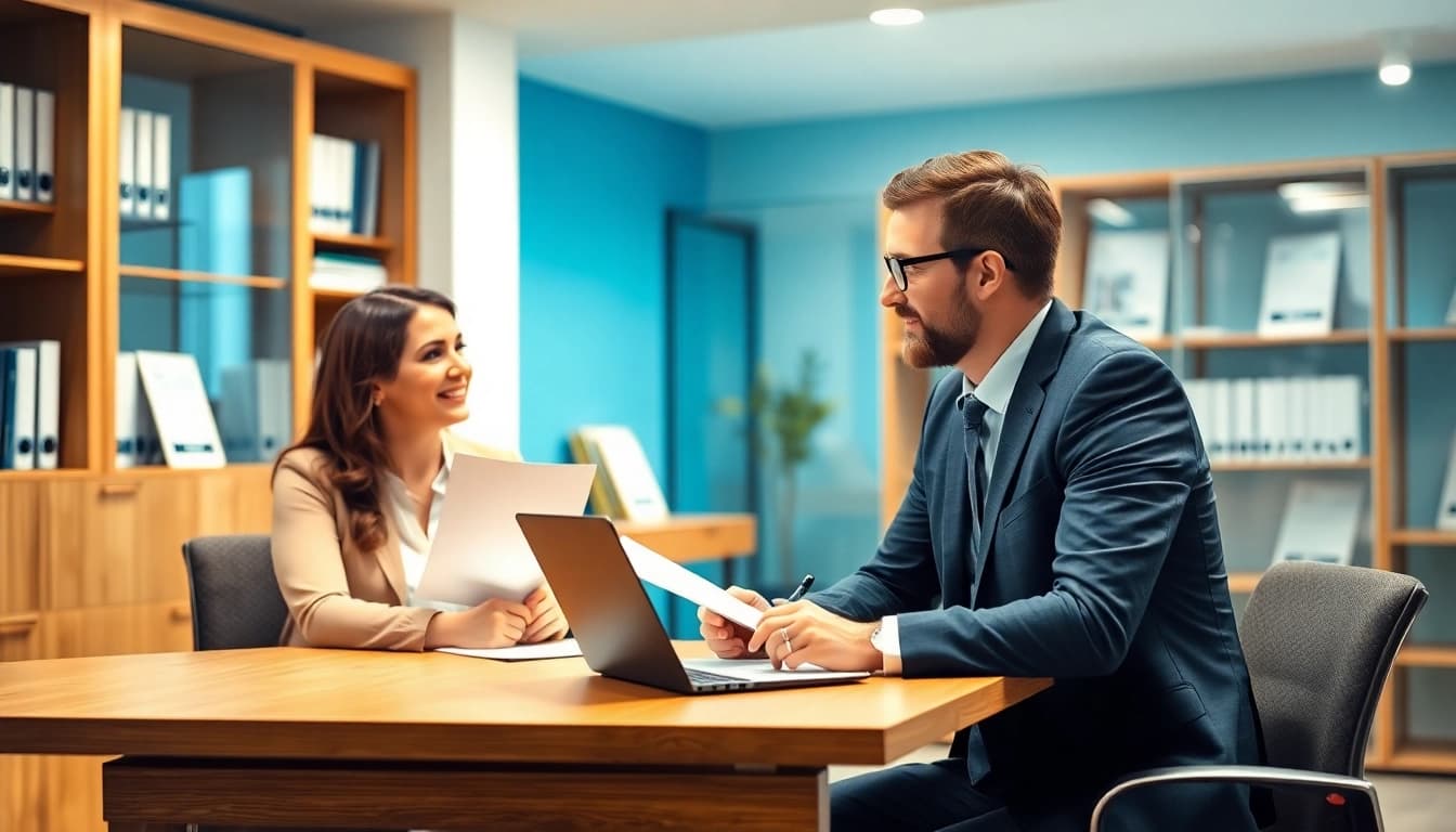 Personalvermittlung in einem modernen Büro: Ein Personalvermittler spricht mit einem Bewerber, um den idealen Job zu finden.