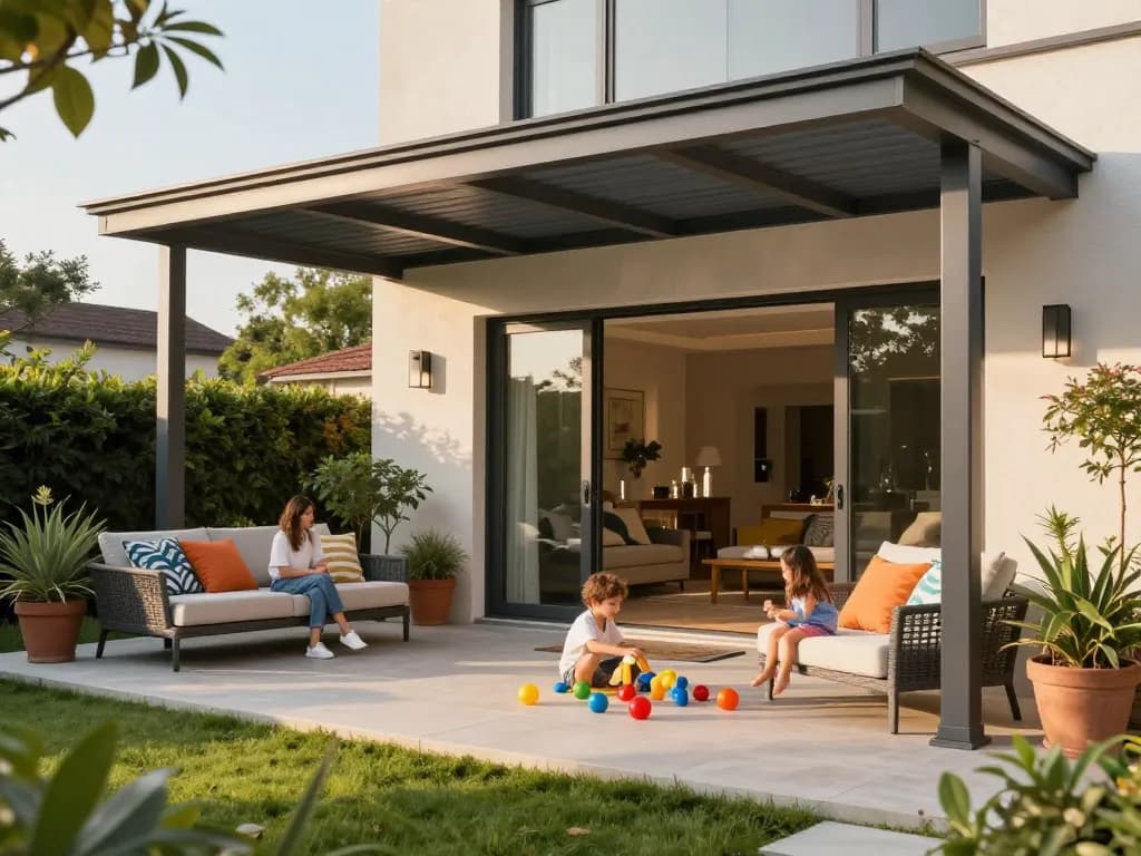 Hochwertige Terrassenüberdachung mit Familie, die die Terrasse in einer schönen Gartenumgebung genießt.