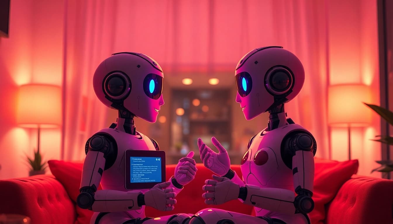 Engaging scene of AI chat porn in a cozy virtual chat room with attractive chatbots.