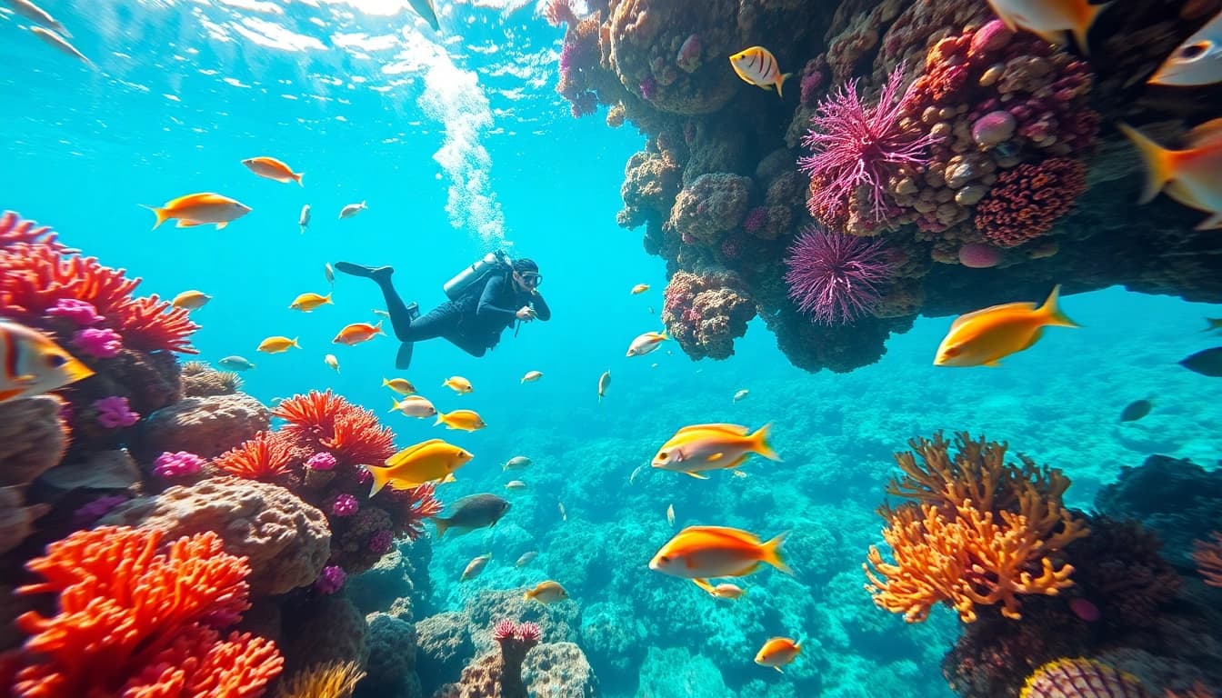 Diver exploring vibrant coral reefs, a signature of Tauchschule Playa del Carmen.