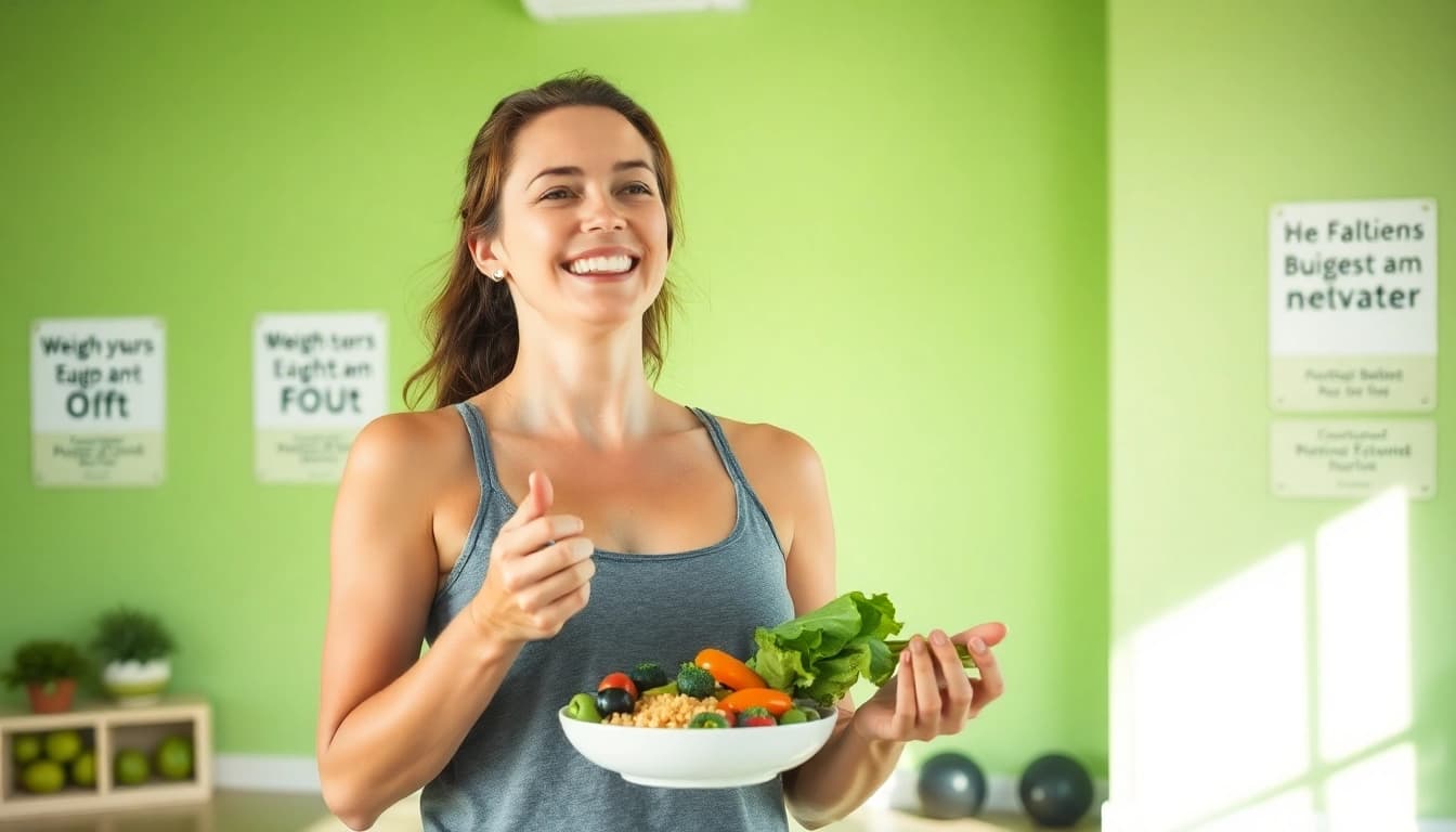 Ein glücklicher Mensch mit Gewichtsverlust hält gesundes Essen, repräsentiert erfolgreiche Abnehmstrategien.