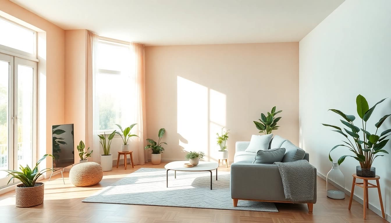 Moderne Raumgestaltung mit harmonischen Erdtönen und Pflanzen für einladende Atmosphäre