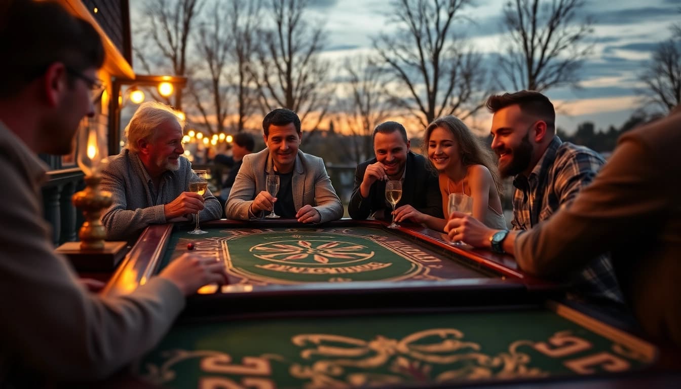 Spannende Szene eines Spieltisches in online casinos echtgeld mit begeisterten Spielern im Hintergrund.