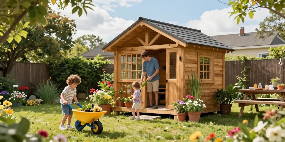 Familie beim Gartenhaus kaufen und das neue Gartenhaus im Garten genießen, umgeben von bunten Blumen und Pflanzen.