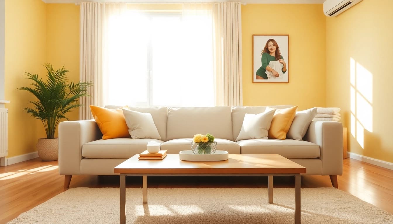 Professionelle Reinigung des Hauses in einem strahlend hellen Wohnzimmer mit eleganten Details.