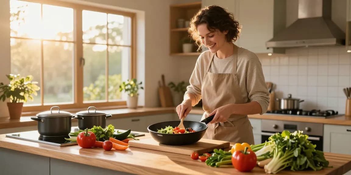 Gesunde Mahlzeit zubereiten in einer PTFE freien Pfanne von GreenKitchen in hellen, einladenden Küchenumgebung.