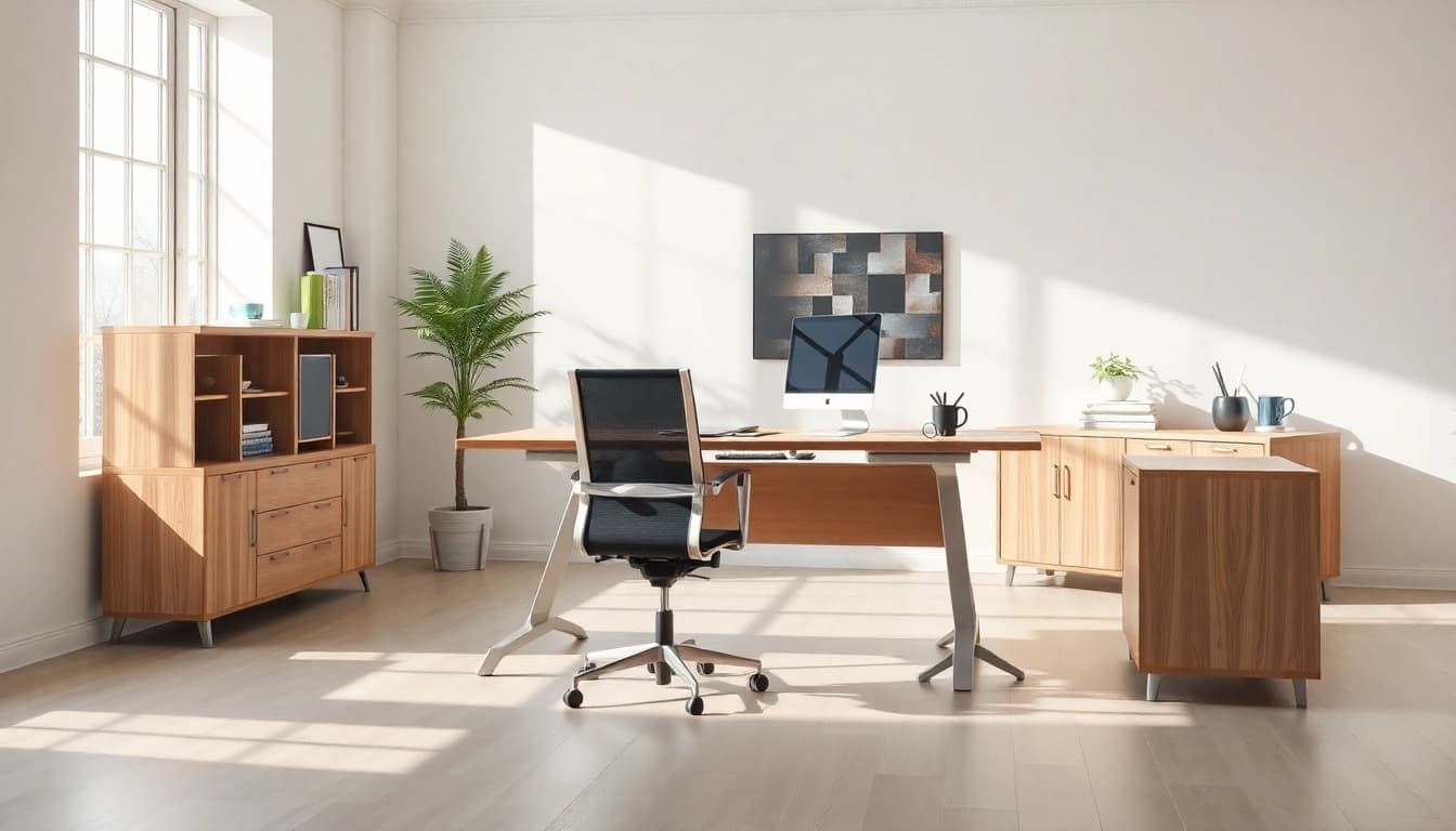 Modernes Büromöbel-Set mit ergonomischen Stühlen und höhenverstellbarem Schreibtisch, inspirierend eingerichtet für produktives Arbeiten.