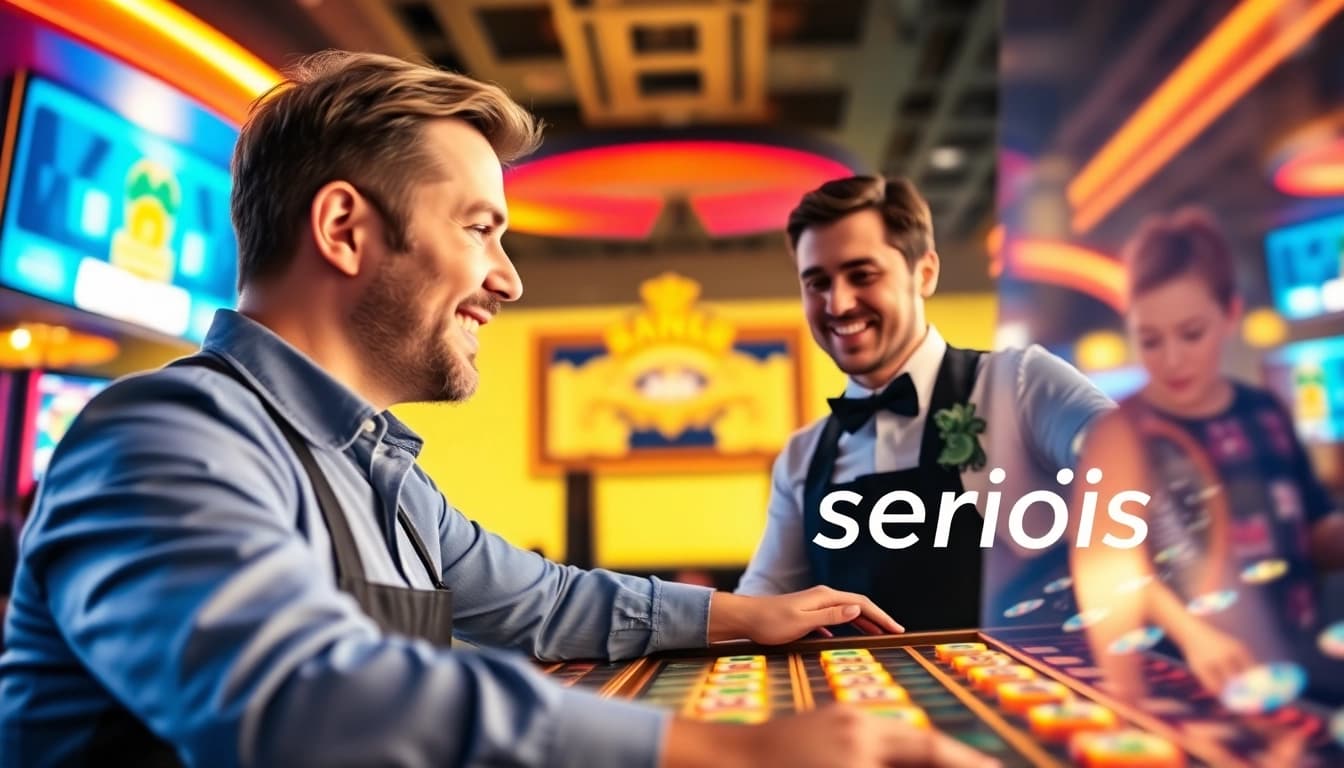Erleben Sie Plinko seriös in einem lebhaften Online-Casino mit einem modernen Plinko-Board und einem fröhlichen Spieler.