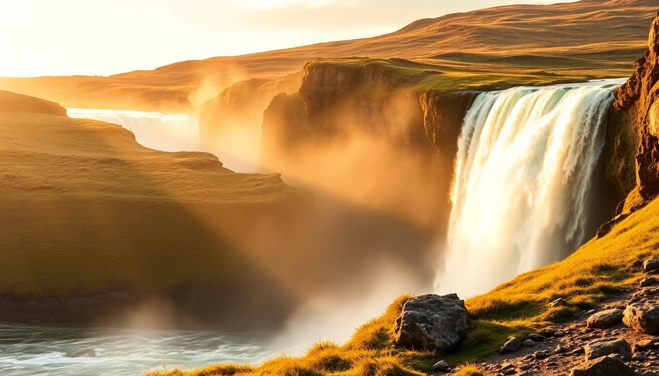 Erlebe die spektakuläre Reise nach Island mit dem majestätischen Gullfoss-Wasserfall im goldenen Licht der Abenddämmerung.