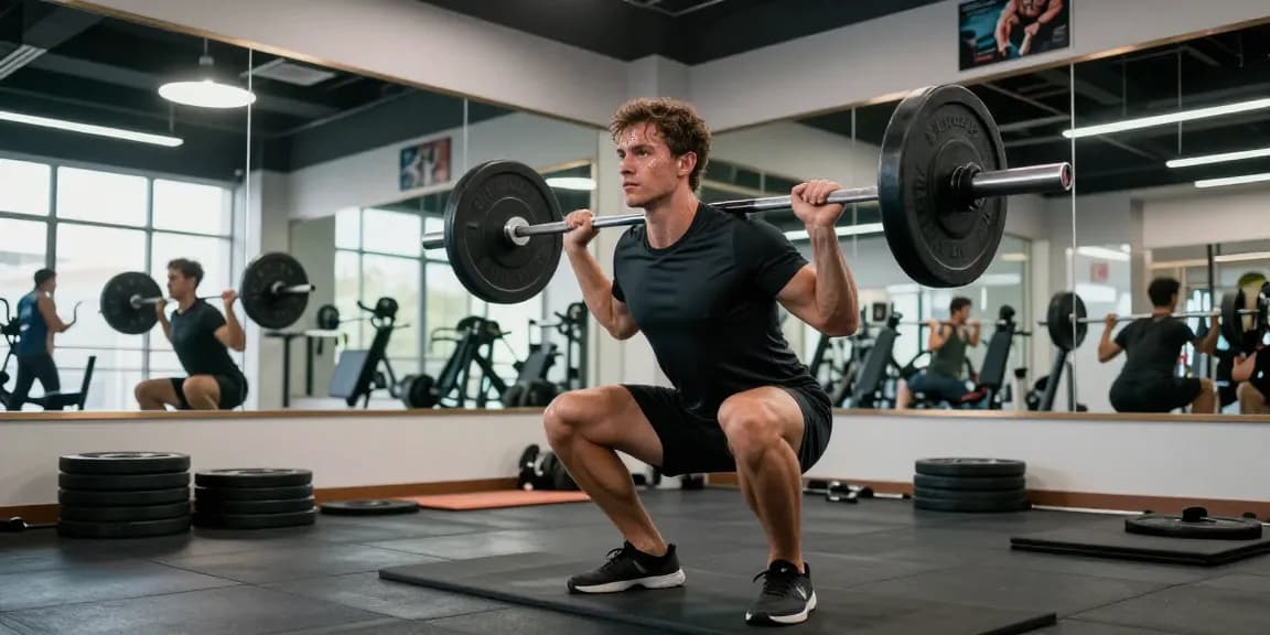 Intensives Fitnesstraining, das den Steroidshop-Lifestyle zeigt, mit einem fokussierten Bodybuilder, der Gewichte in einem modernen Fitnessstudio hebt.