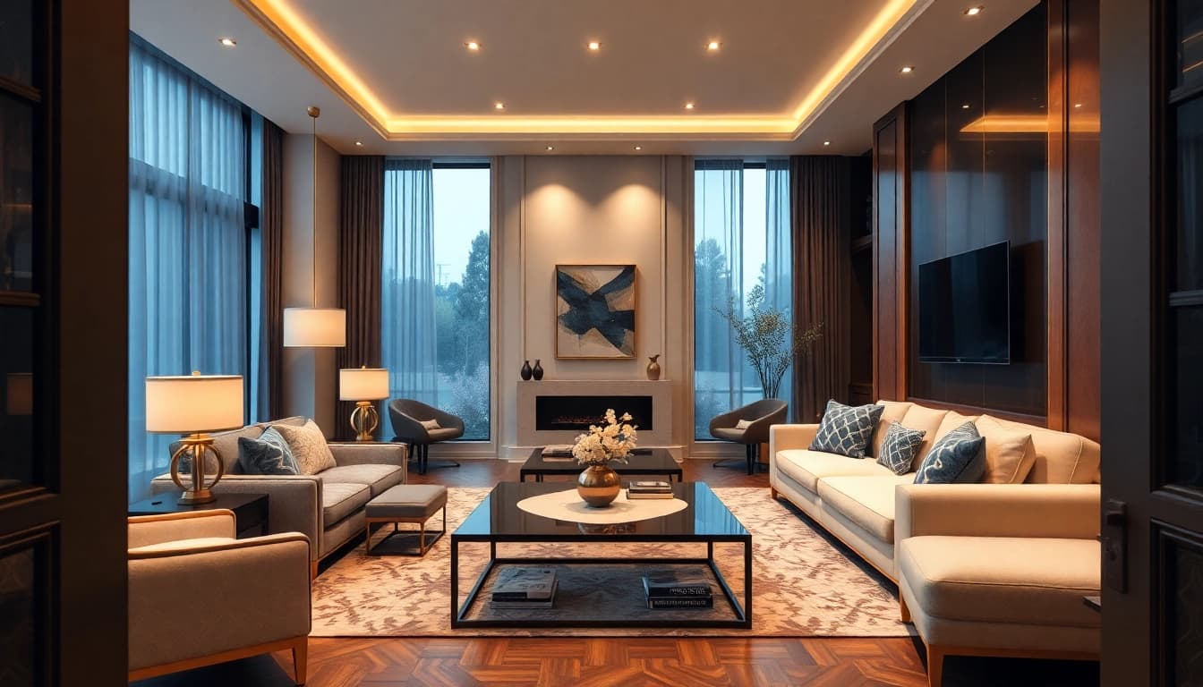 Experience luxury in a modern living room with elegant furniture and warm lighting.