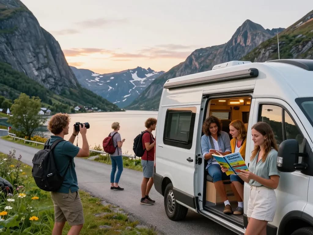 Skandinavische Reisetipps in Aktion, die Freunde zeigen, die eine Straßenreise durch atemberaubende Landschaften unternehmen, während sie lokale Attraktionen erkunden.