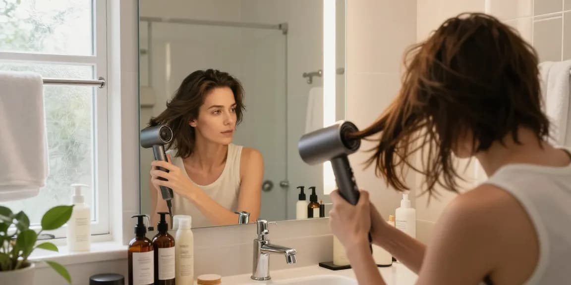 Using a compact hair dryer in a modern bathroom for stylish grooming