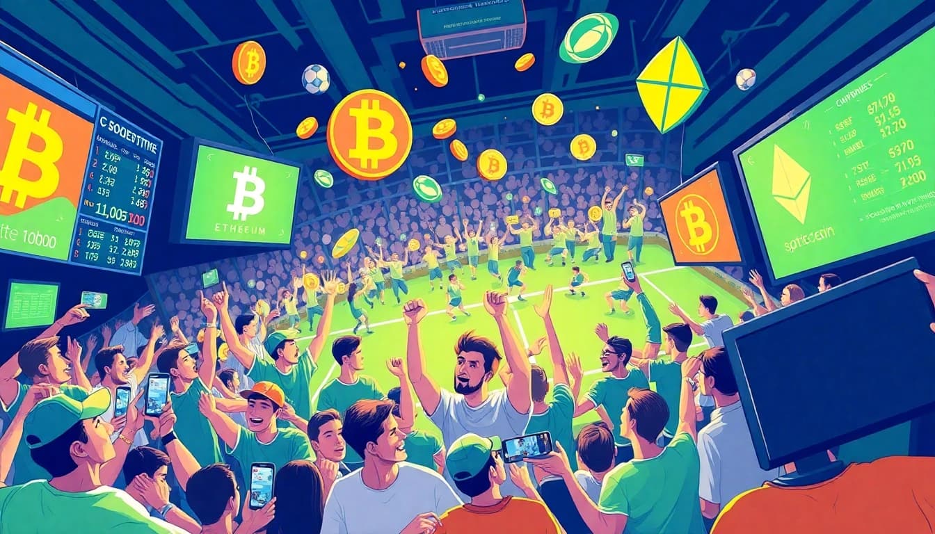 Experience exhilarating crypto sports betting as diverse bettors engage in thrilling action surrounded by cryptocurrency symbols.
