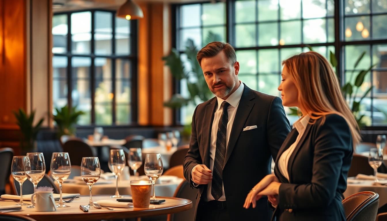 Headhunter Gastronomie im Gespräch mit Bewerberin im eleganten Restaurant.