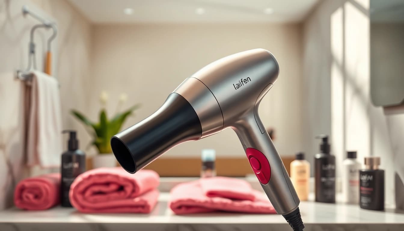 Laifen swift Haartrockner in einem eleganten Badezimmer mit frischen Handtüchern.