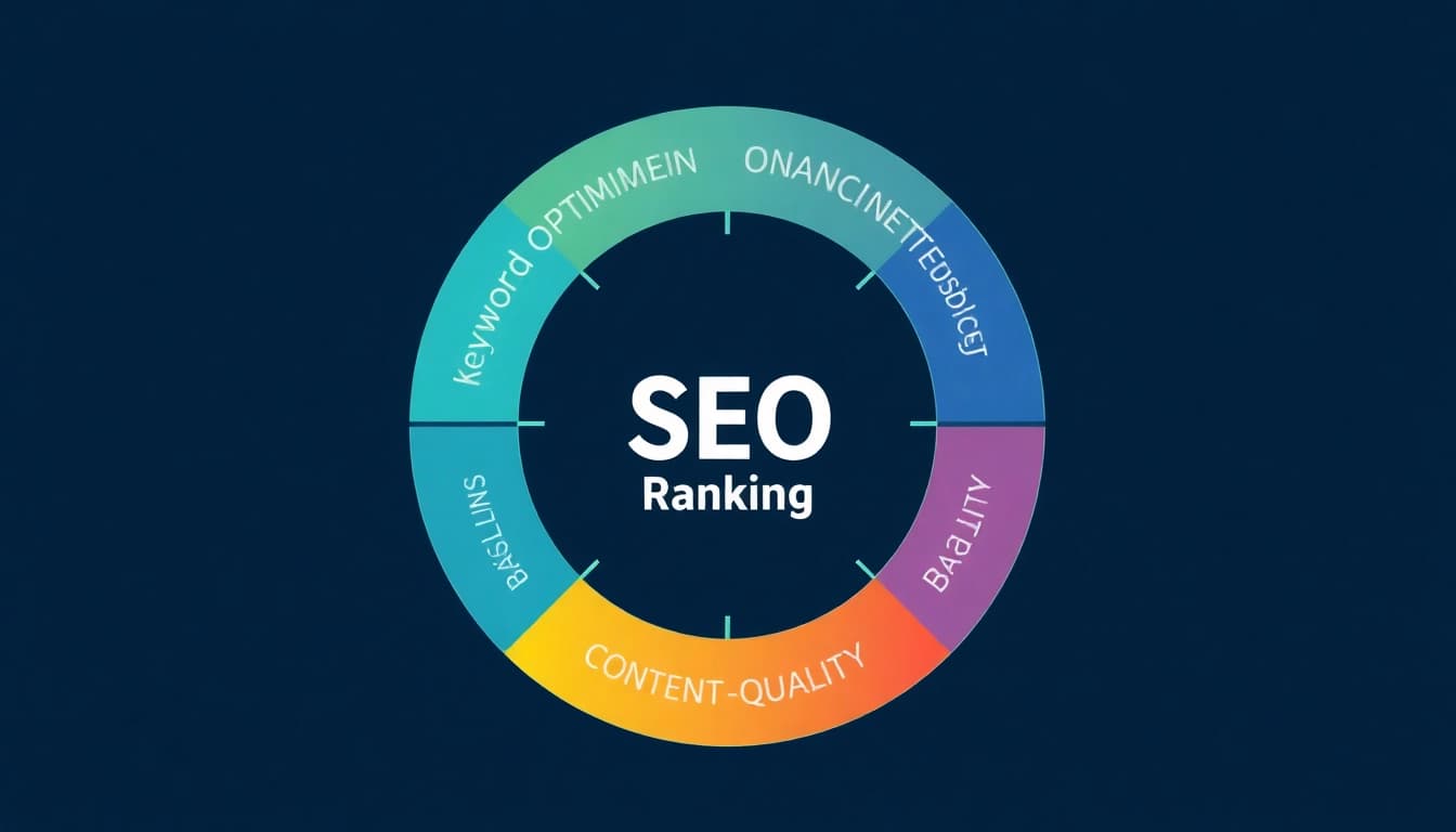 Visualisierung des Prozesses für SEO-Ranking mit wichtigen Begriffen und Icons für eine klare, ansprechende Darstellung.