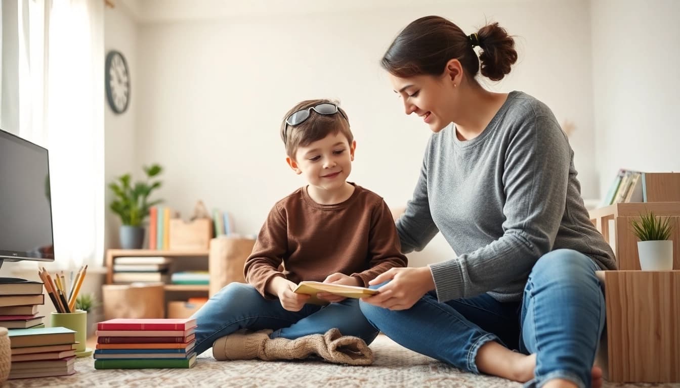 Aktivitäten im Heimunterricht: Ein Kind lernt mit einem Elternteil in einem einladenden Lernumfeld mit Büchern und Schreibutensilien.
