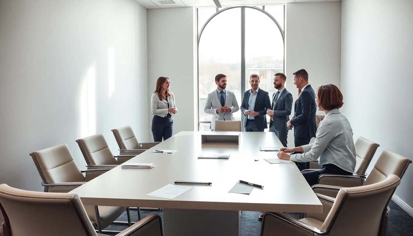 Fachkräfte im Austausch über Strategien mit einem Headhunter Düsseldorf im modernen Büro.