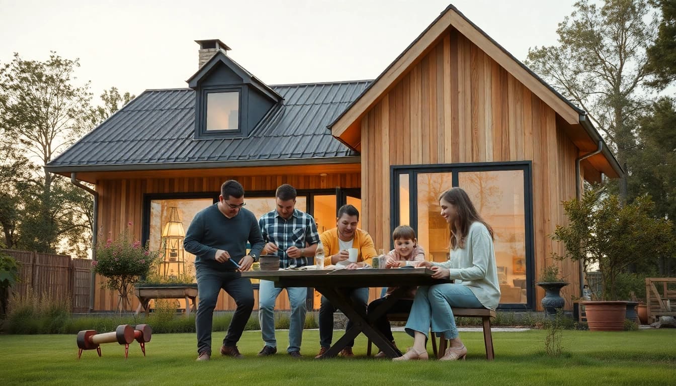 Inspirierendes Bild einer Familie, die zusammen an einer Hausrenovierung mit Werkzeugen arbeitet.