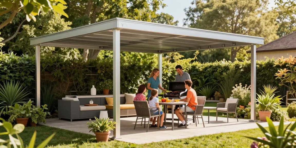 Terrassenüberdachungen aus Aluminium schützen die Familie beim Grillen im Garten.