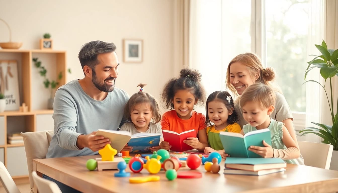 Kindererziehung: Eltern und Kinder verbringen glückliche Zeit im Zimmer, spielend und lernend, um positive Erziehung zu fördern.