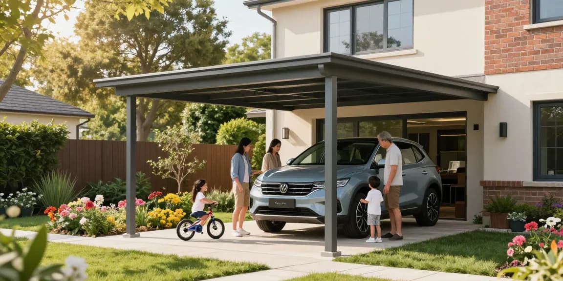 Moderne Carport-Konstruktion neben einem stilvollen Haus, Familienmitglieder inspizieren das Auto darunter, Kinder spielen mit Fahrrädern im Freien.