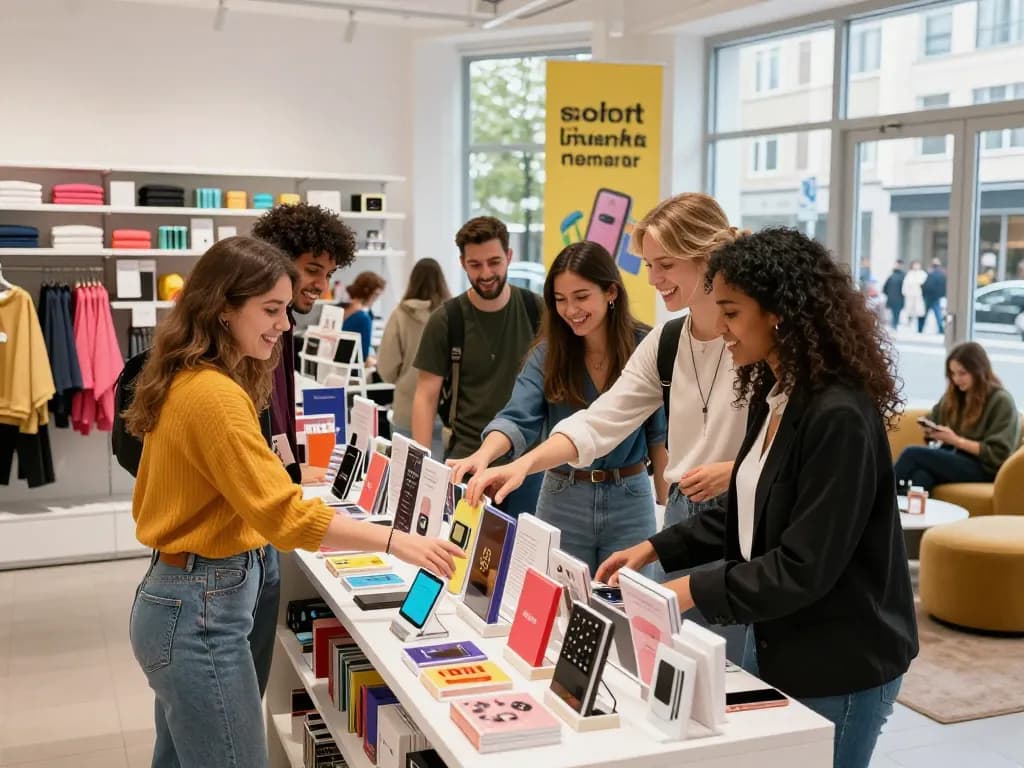 Bunte Einkaufsszene, die sofort lieferbar Produkte in einem modernen Einzelhandelsgeschäft mit fröhlichen Kunden präsentiert.
