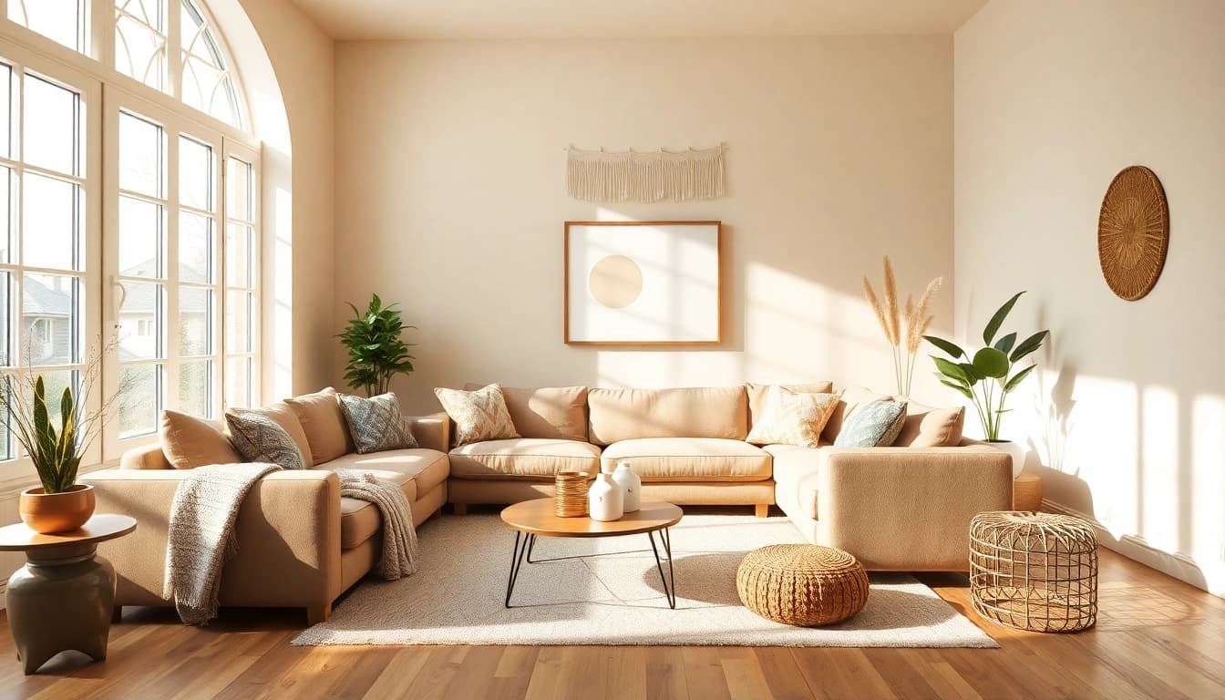 Inspiration für Raumgestaltung: Gemütliche Wohnlandschaft mit sanften Farben und Naturmaterialien.