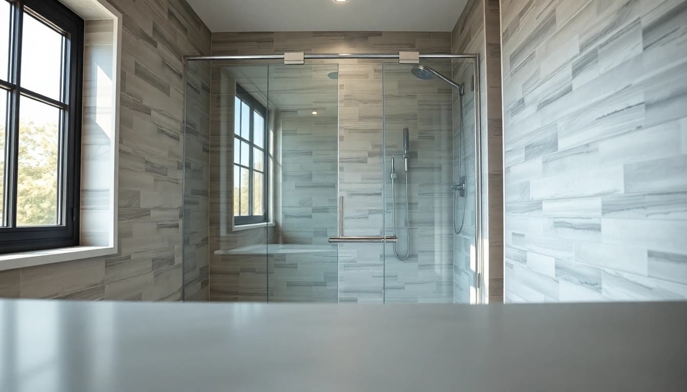 Dusche 100x100 in einem eleganten Badezimmer mit modernen Fliesen und hellem Licht