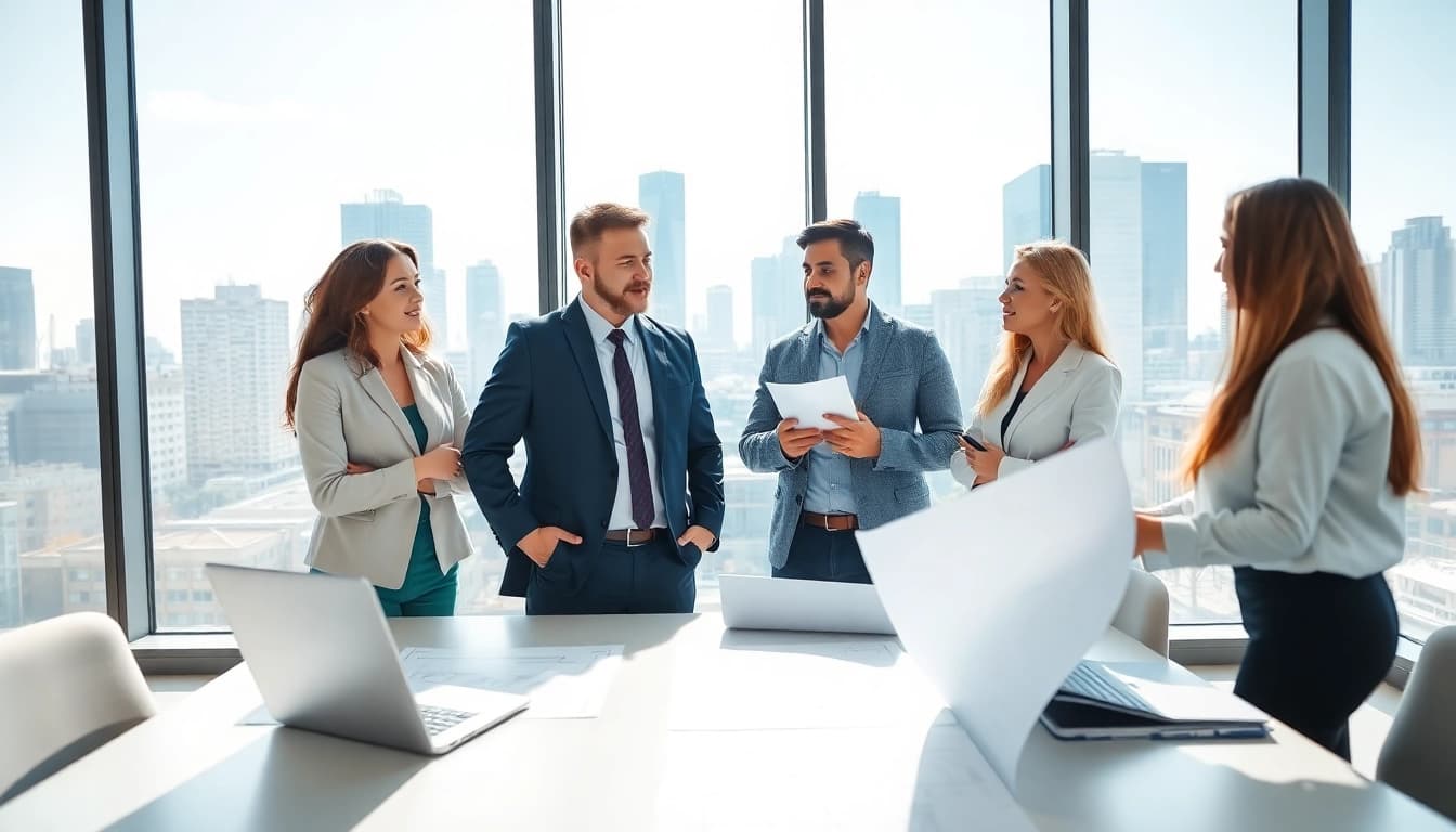 Headhunter Ingenieure im Gespräch in einem modernen Büro mit urbanem Ausblick.