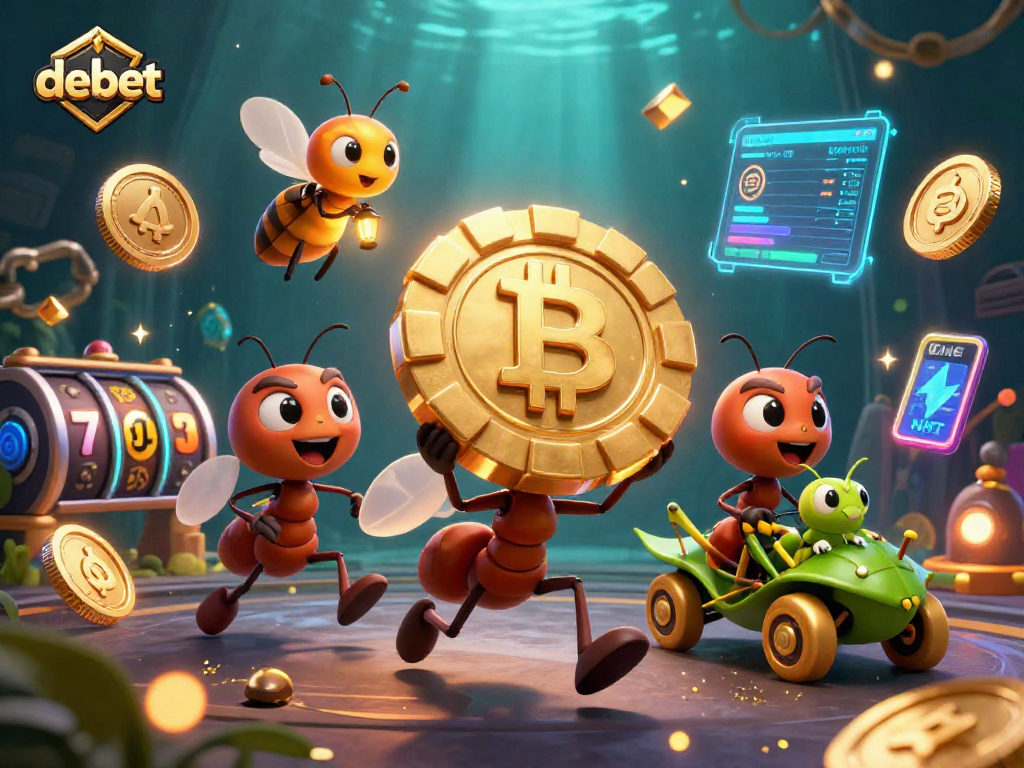 Join the ants at debet as they transport a golden poker chip through a vibrant casino heist scene.