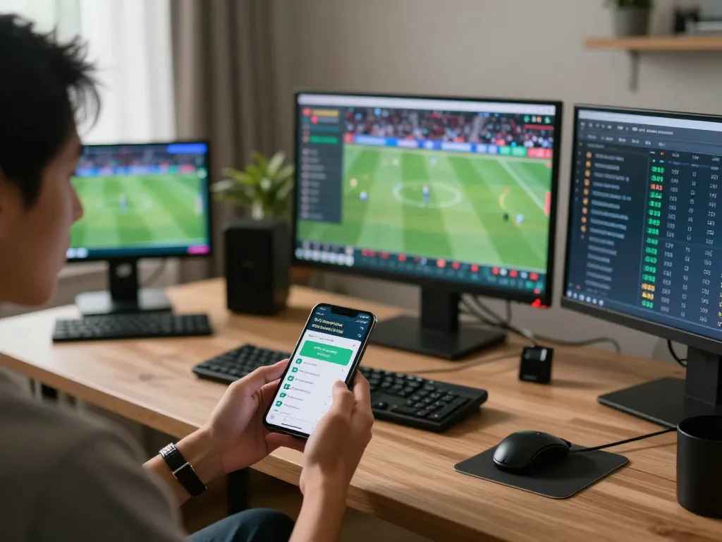 Person analyzing tỷ lệ kèo nhà cái hôm nay on a smartphone while engaging in online sports betting.