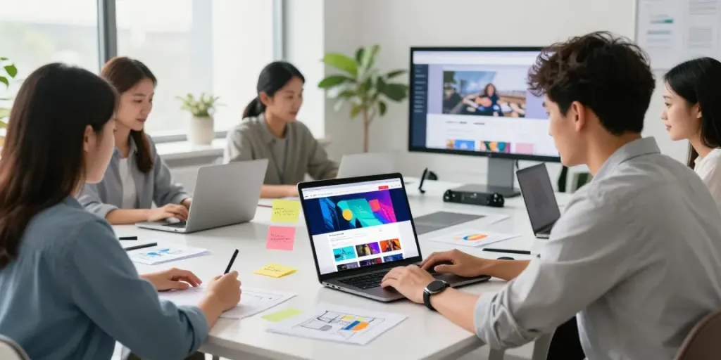 Moderne Webdesign-Arbeitsumgebung mit kreativem Team, das an Projekten arbeitet und Prototypen erstellt.