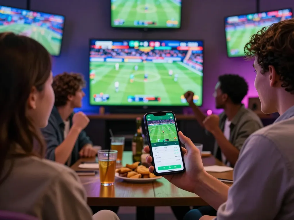 Friends enjoying sports betting using the OK9 app on a lively game night.