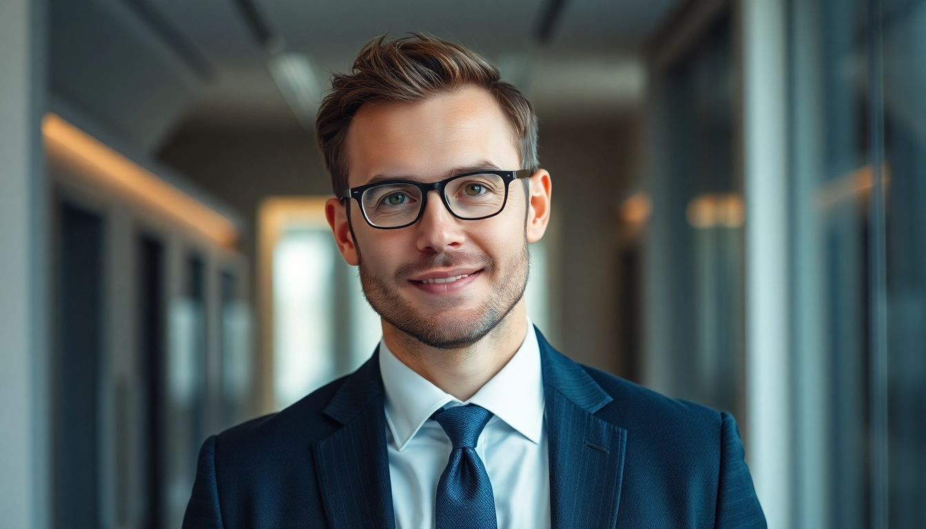 Aktiver Geschäftsmann in einem modernen Büro, repräsentiert Headhunting für Fachkräfte mit Selbstbewusstsein.