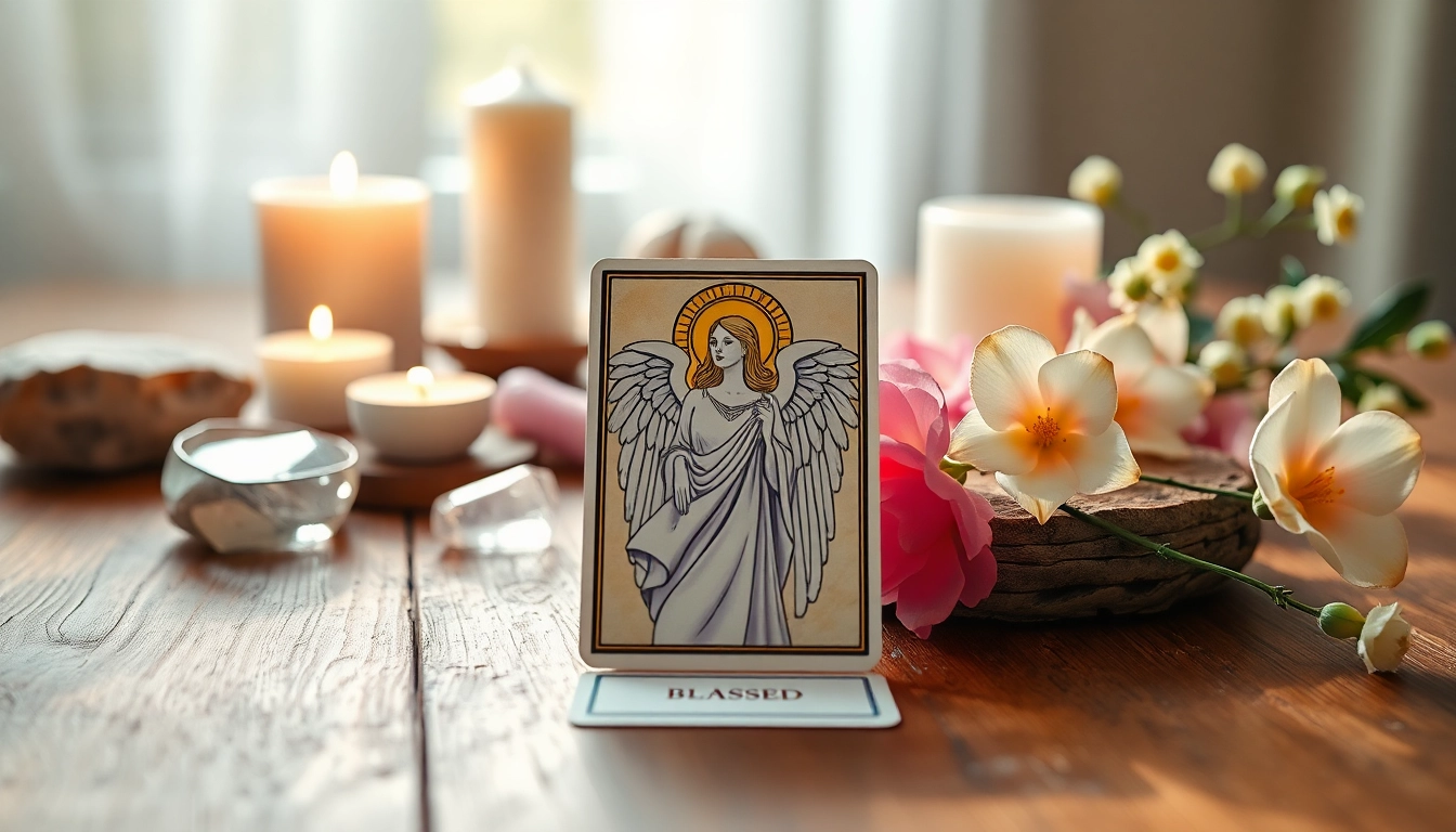 Engel tarot karte kostenlos ziehen für eine ruhige Tarot-Lesung auf einem Schreibtisch.