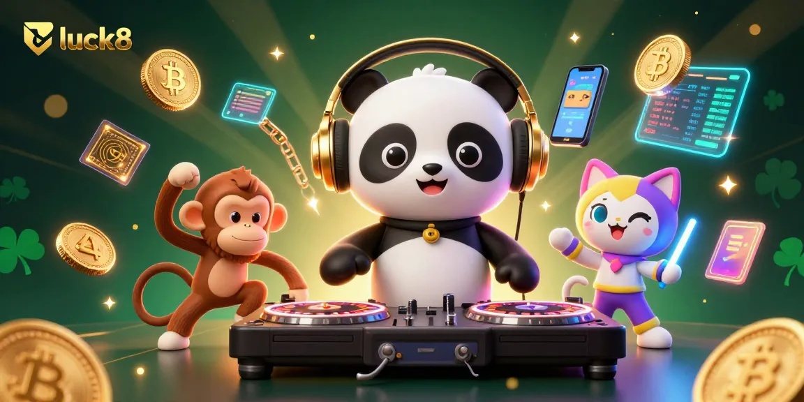 Engage with luck8 at a lively casino scene featuring a DJ panda, breakdancing monkey, and rave gear kitten.