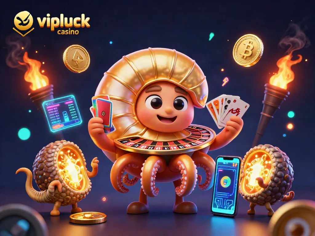 Experience the excitement of vipluck casino with vibrant 3D illustrations featuring a giant nautilus and glowing elements.