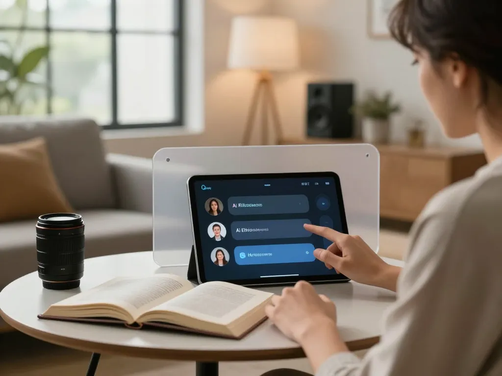 Close-up of a user engaging in sex AI chat with a sleek chatbot interface in a cozy setting.