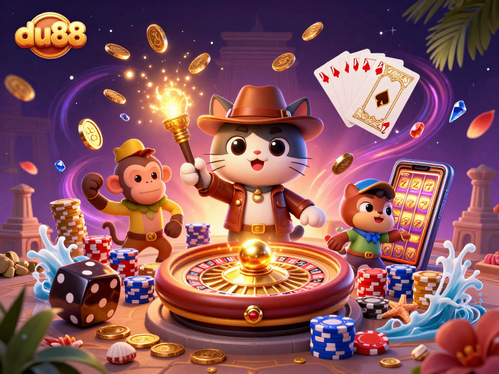 Win big at du88 with vibrant 3D cartoon illustration showcasing an archaeologist cat and casino elements.