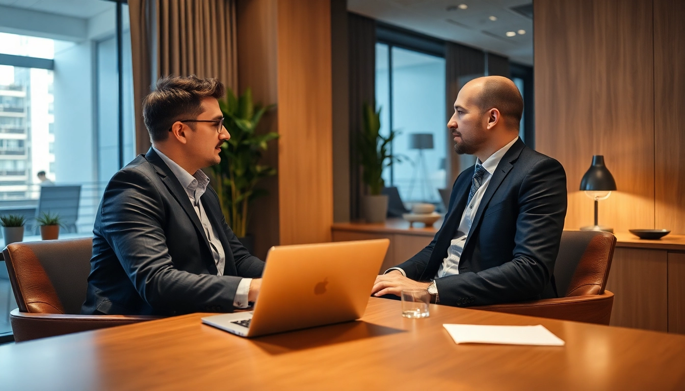 Headhunter führt ein diskretes Gespräch mit einem Kandidaten im modernen Büro.