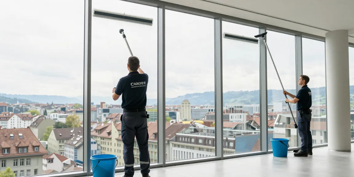 Spotless window cleaning in Bern showcasing professional team at work with sparkling glass surfaces.