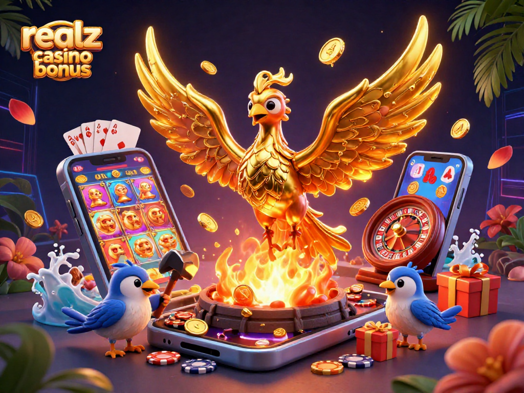 Entdecke den Realz Casino Bonus mit einer goldenen Phönix-Illusion, die spannende Slots umgibt.